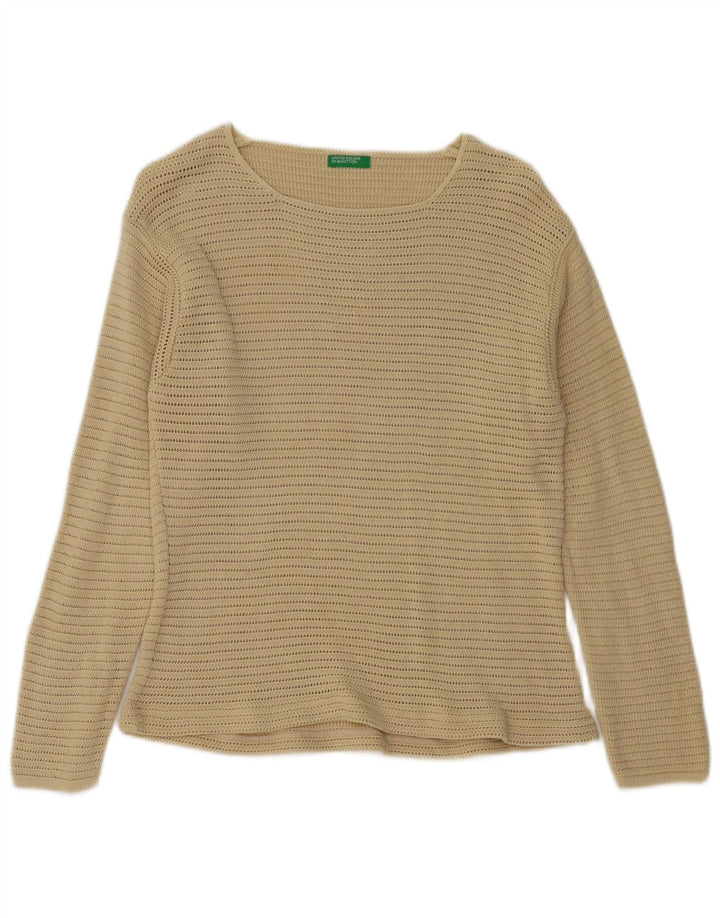 BENETTON Womens Crochet Boat Neck Jumper Sweater UK 12 Medium Beige Cotton
