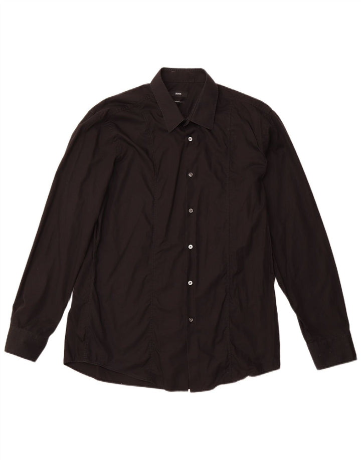 HUGO BOSS Mens Slim Fit Shirt Size 44 17 1/2  XL Black Cotton