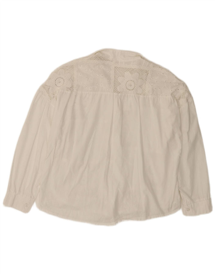 VINTAGE Womens 3/4 Sleeve Shirt Blouse UK 14 Medium White Floral Cotton