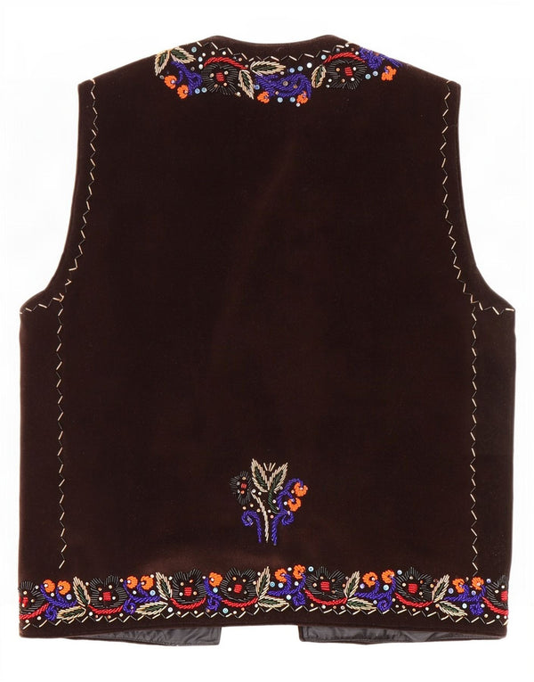 Vintage Womens Velvet OPEN Waistcoat UK 14 Large Brown Floral