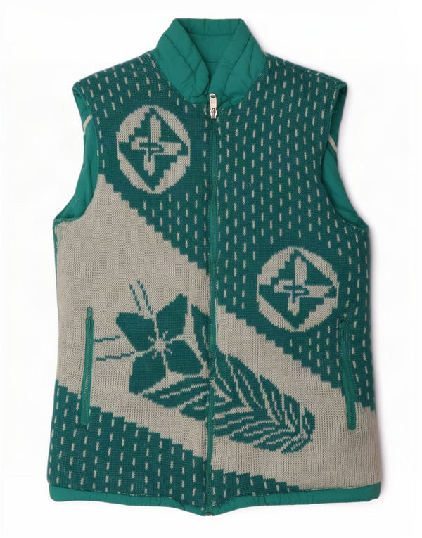 Vintage Mens Graphic Padded Reversible Gilet UK 38 Medium Turquoise Floral
