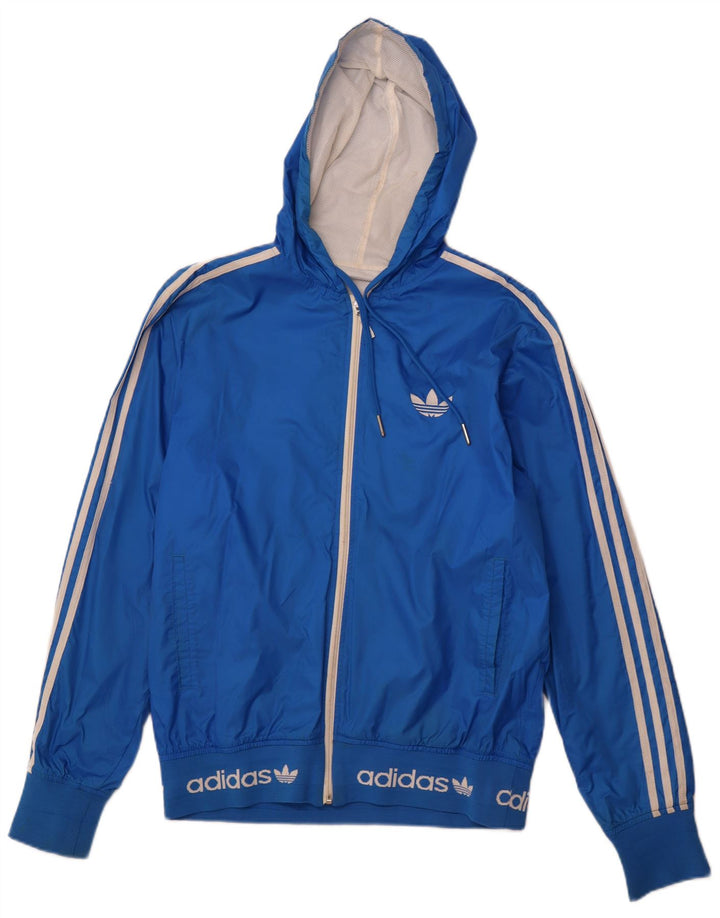 ADIDAS Mens Graphic Hooded Rain Jacket UK 38 Medium Blue Nylon