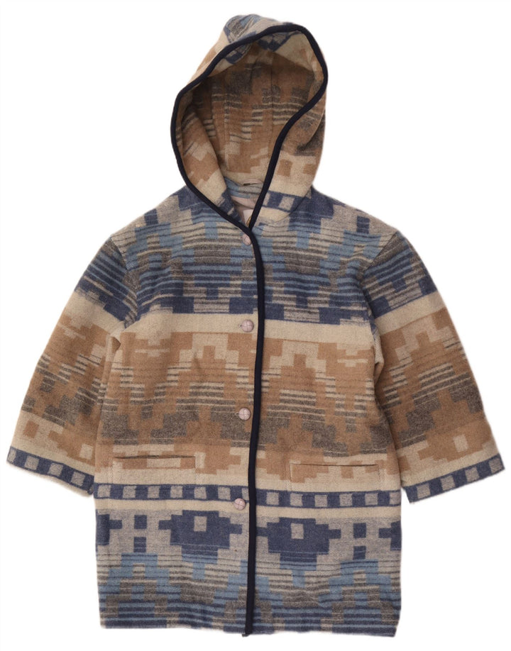 Vintage Womens Hooded Overcoat UK 12 Medium  Multicoloured Geometric Wool