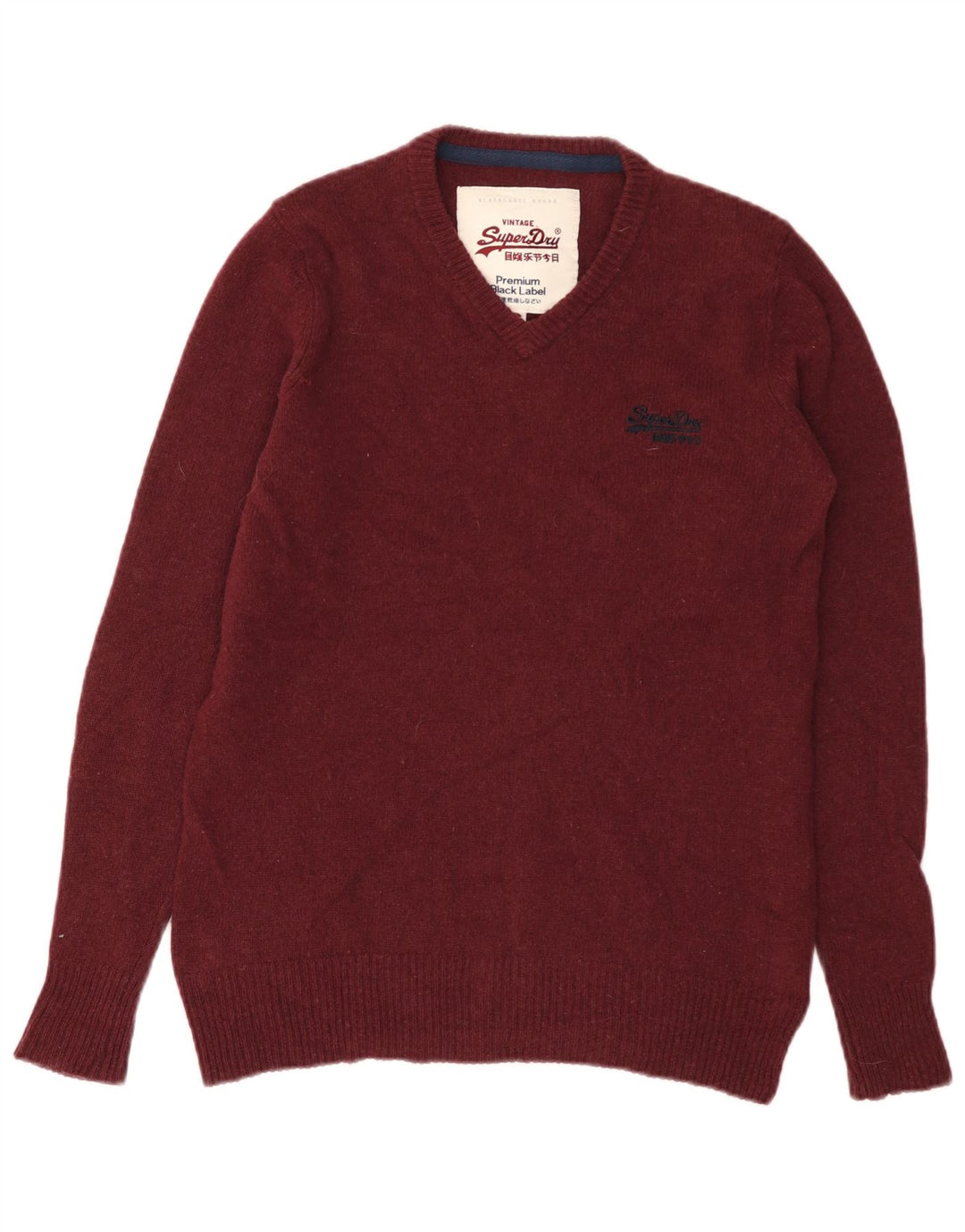 SUPERDRY Mens V-Neck Jumper Sweater Small Burgundy Lambswool