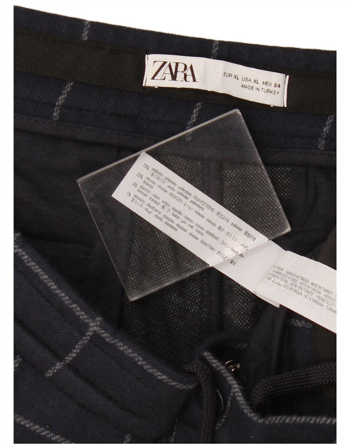 Zara Womens Tapered Cropped Trousers XL W38 L24 Navy Blue Check Polyester