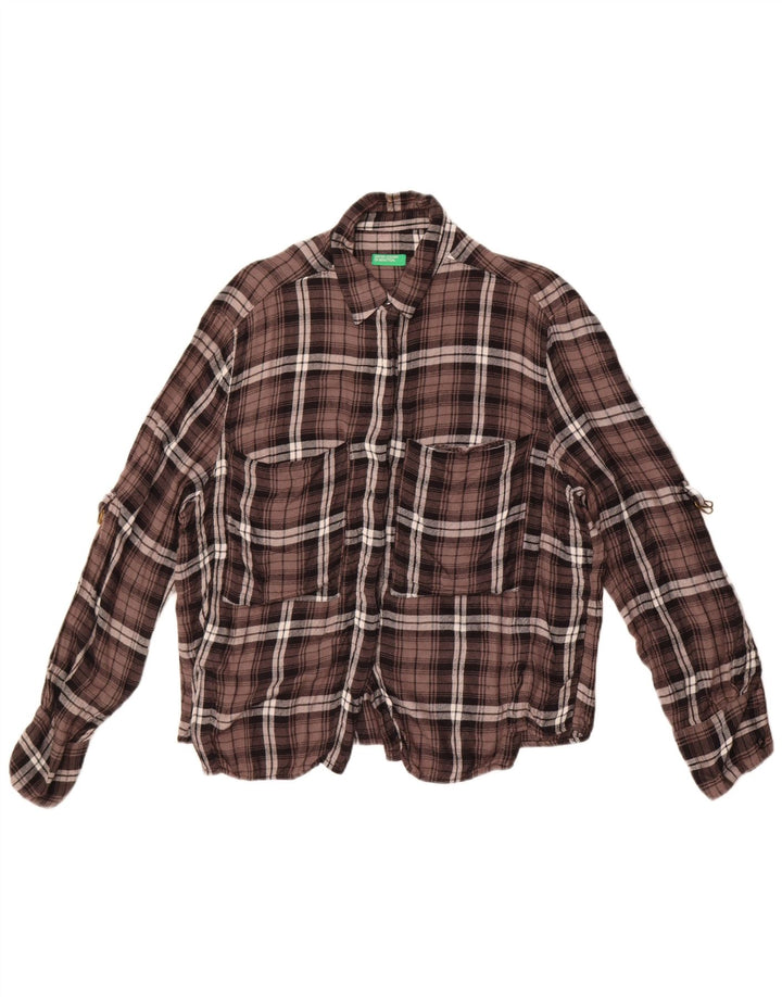 Benetton Womens Flannel Shirt UK 14 Large Brown Check