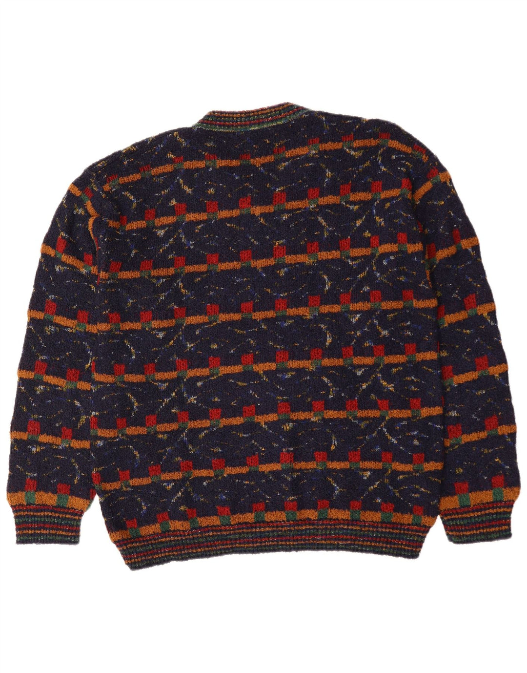 VINTAGE Mens V-Neck Jumper Sweater XL Navy Blue Geometric Wool