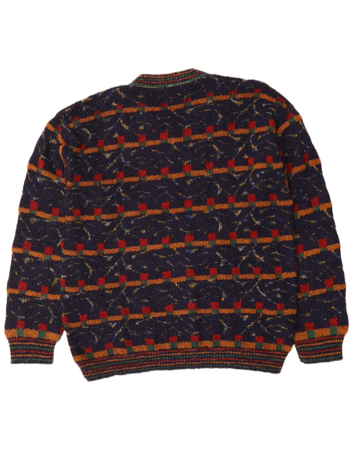 VINTAGE Mens V-Neck Jumper Sweater XL Navy Blue Geometric Wool