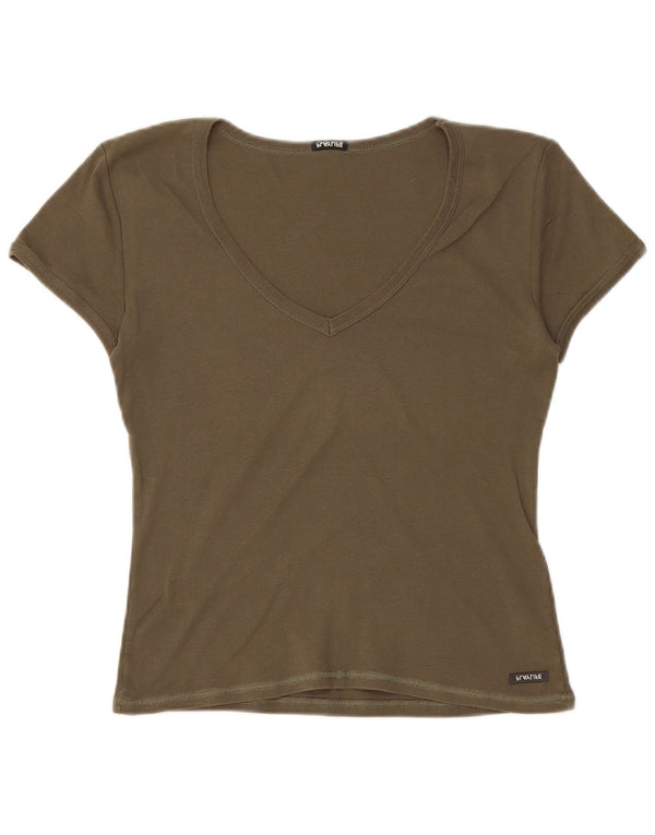 Playlife Womens Crop T-Shirt Top UK 12 Medium Khaki Cotton