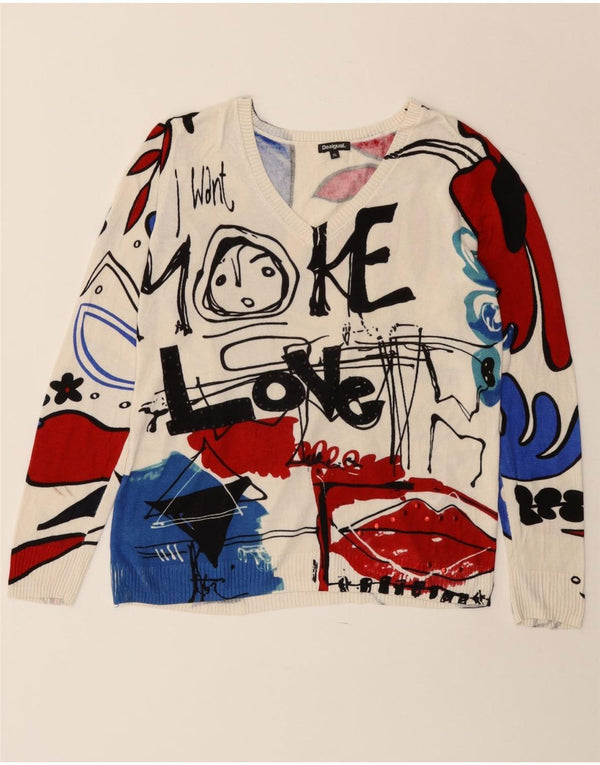 Desigual Womens Graphic V-Neck Jumper Sweater UK 18 XL Off White Viscose
