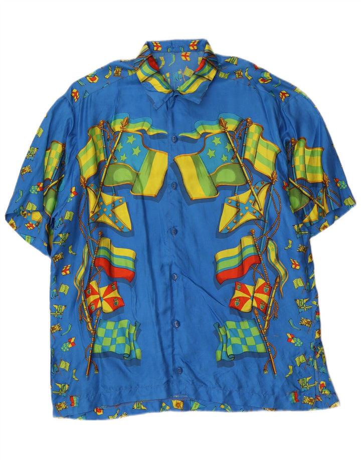 Vintage Mens Abstract Pattern Short Sleeve Shirt Large Blue