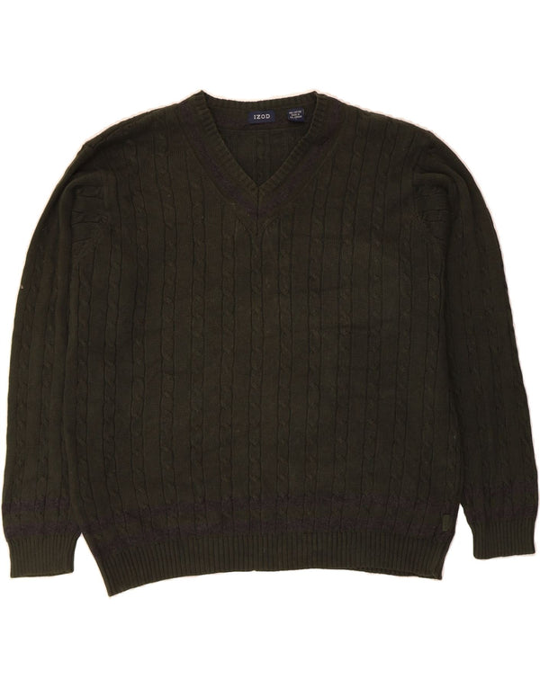 IZOD Mens V-Neck Jumper Sweater Large Green Cotton