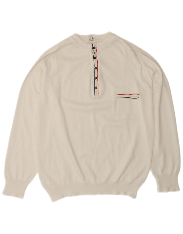 VINTAGE Mens Button Neck Jumper Sweater Medium White