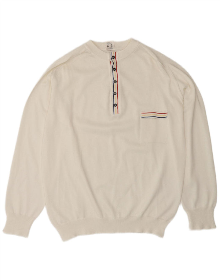VINTAGE Mens Button Neck Jumper Sweater Medium White