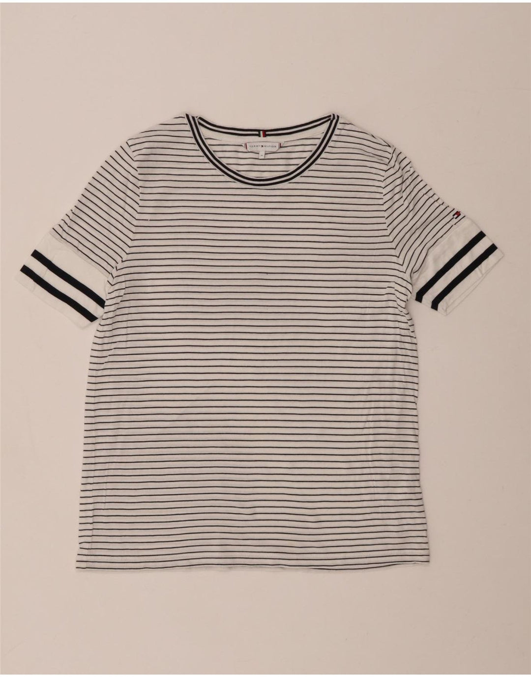 TOMMY HILFIGER Womens T-Shirt Top UK 14 Medium White Striped Lyocell