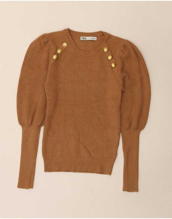 Zara Womens Crew Neck Jumper Sweater UK 8 Small Brown Viscose