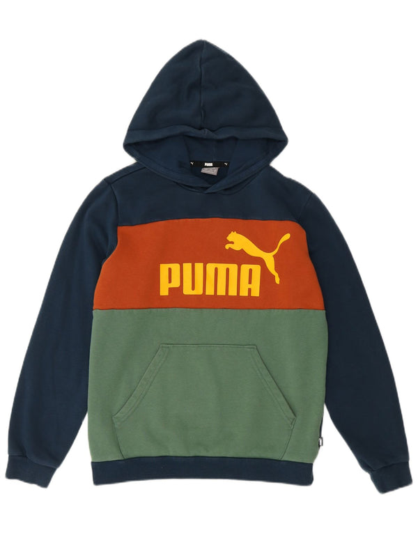 Puma Boys Graphic Hoodie Jumper 13-14 Years Navy Blue Colourblock Cotton