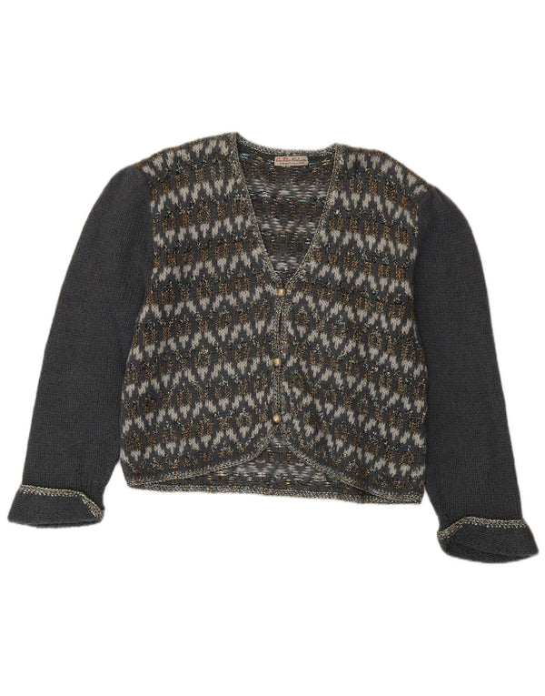 Vintage Womens Cardigan Sweater UK 14 Medium Grey Geometric Mohair