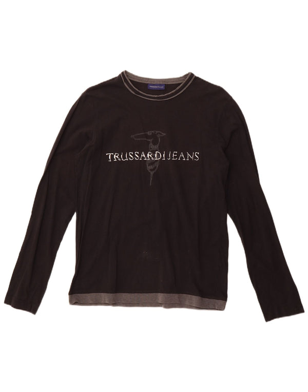 TRUSSARDI JEANS Womens Graphic Top Long Sleeve UK 12 Medium Black