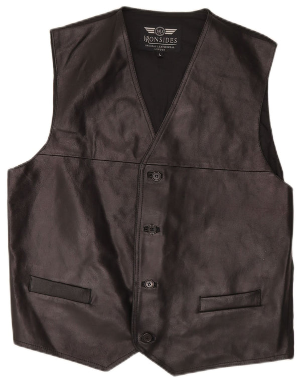IRONSIDES Mens Leather Waistcoat Large Black Leather