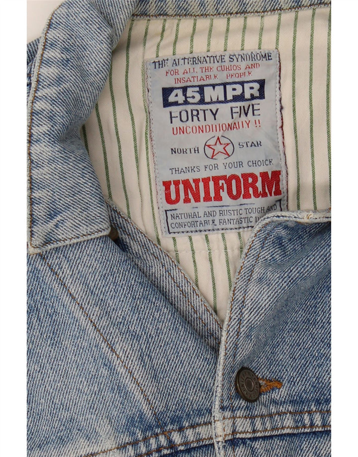 UNIFORM Womens Crop Graphic Denim Jacket UK 14 Large Blue