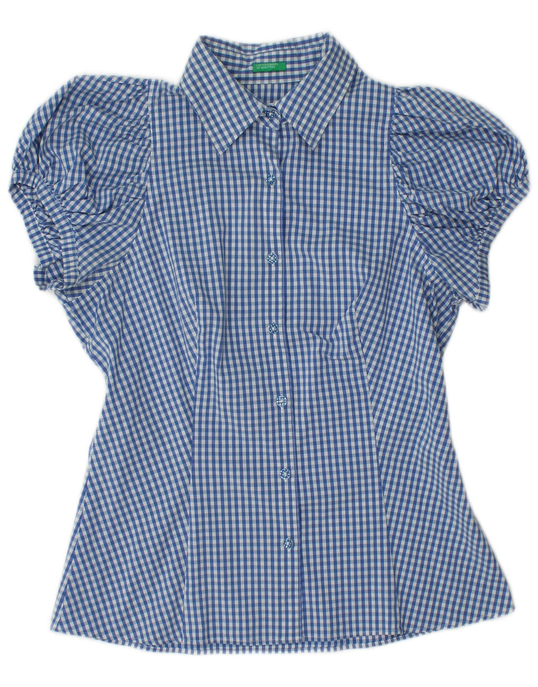 BENETTON Womens Short Sleeve Shirt Blouse UK 12 Medium Blue Gingham