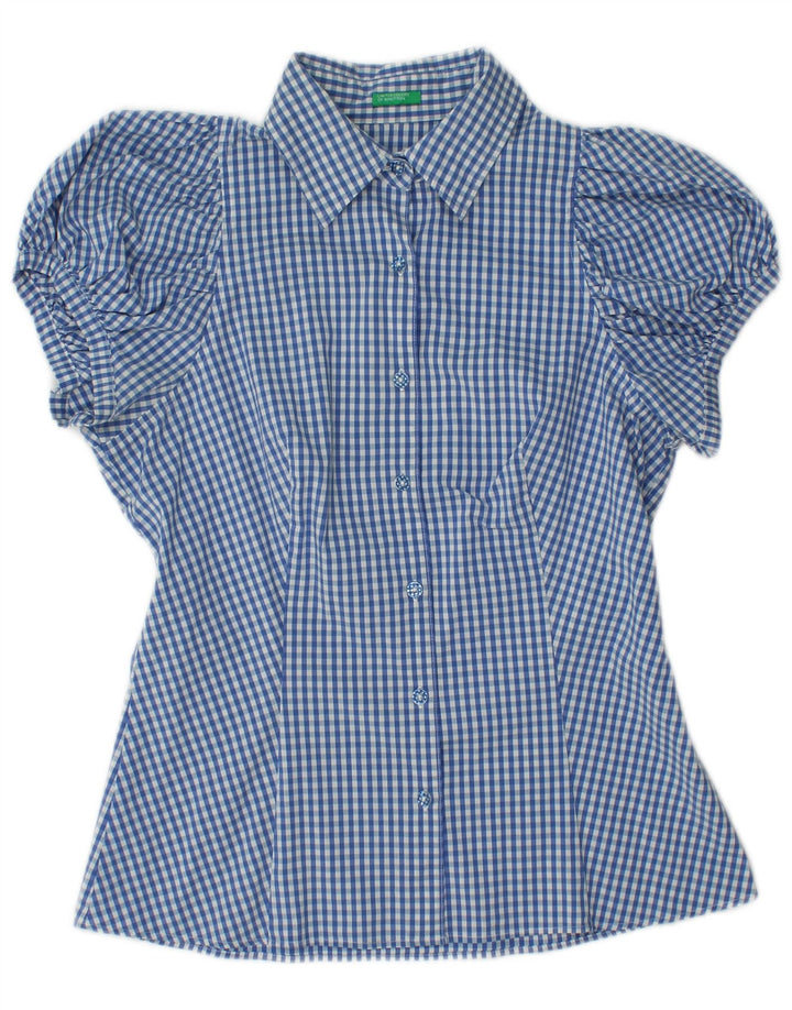 BENETTON Womens Short Sleeve Shirt Blouse UK 12 Medium Blue Gingham