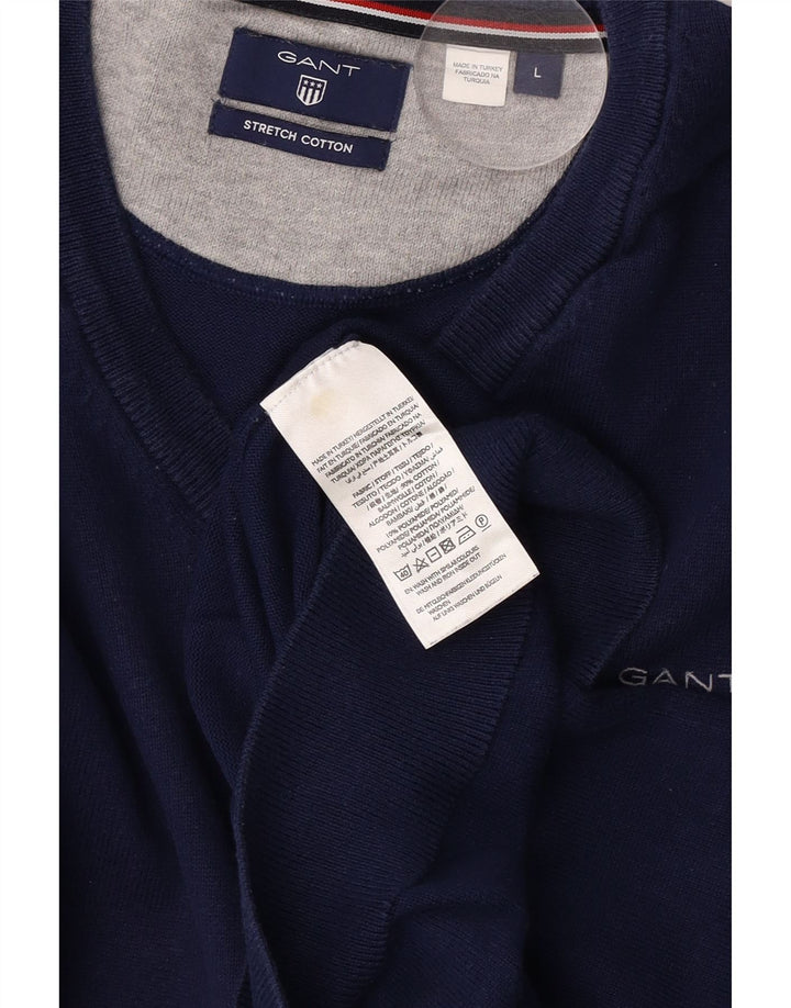 Gant Mens V-Neck Jumper Sweater Large Navy Blue Polyamide