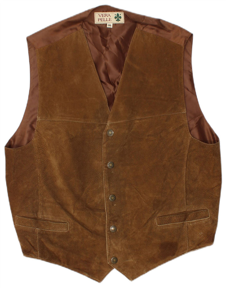 VINTAGE Mens Suede Waistcoat IT 50 Medium Brown Leather