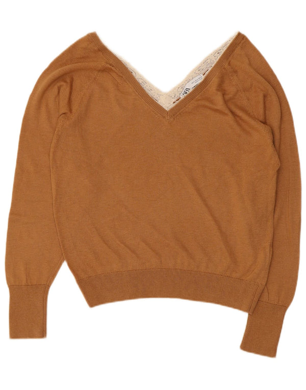 Zara Womens V-Neck Jumper Sweater UK 10 Small Brown Lyocell