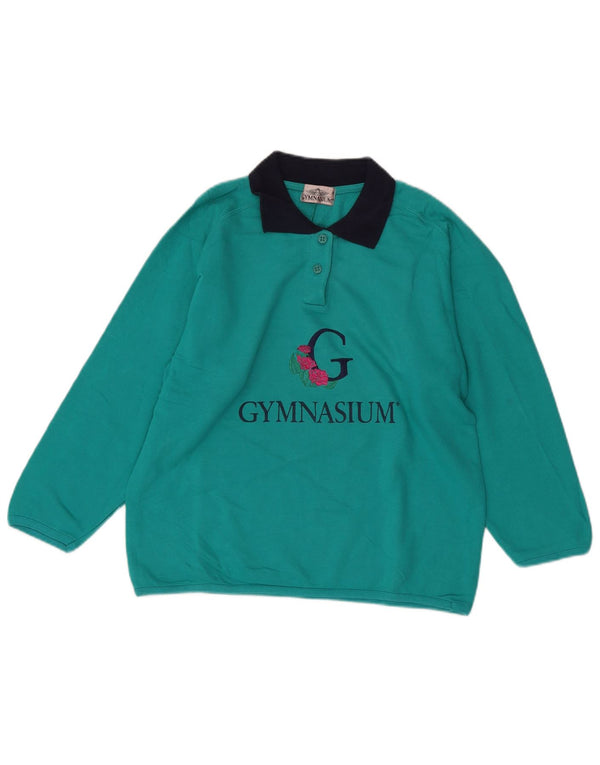 GYMNASIUM Womens Graphic Polo Neck Sweatshirt Jumper UK 10 Small Turquoise