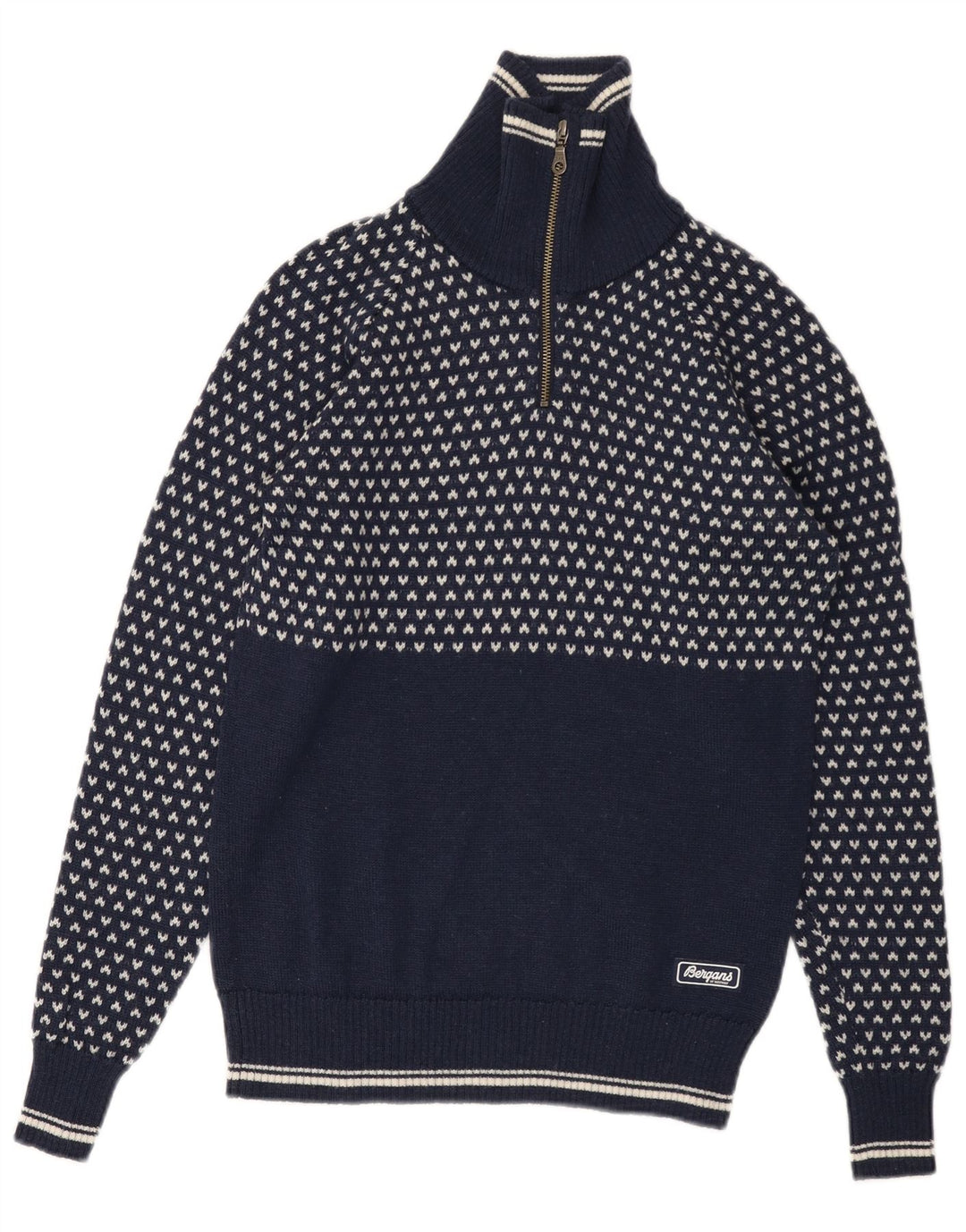 BERGANS Mens Zip Neck Jumper Sweater XS Navy Blue Geometric Wool