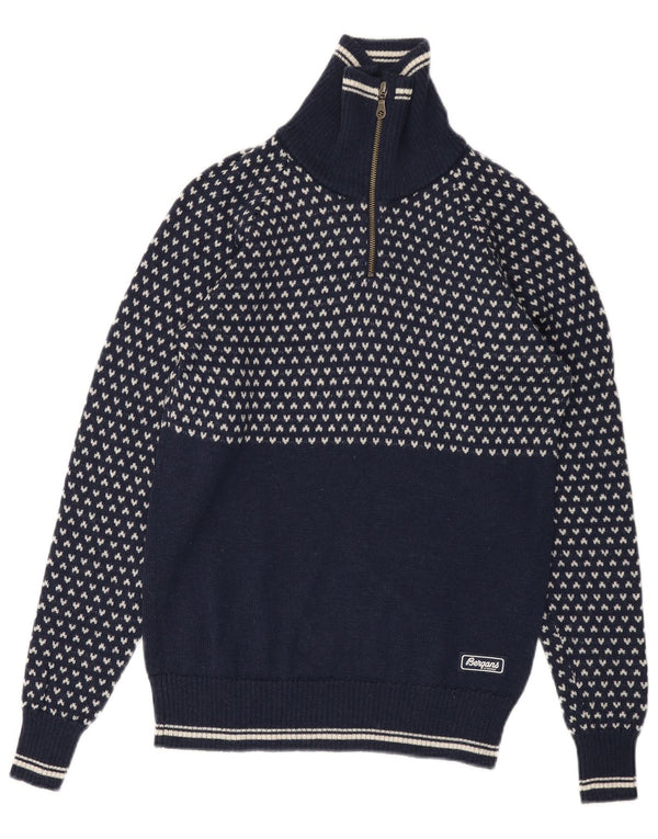 BERGANS Mens Zip Neck Jumper Sweater XS Navy Blue Geometric Wool