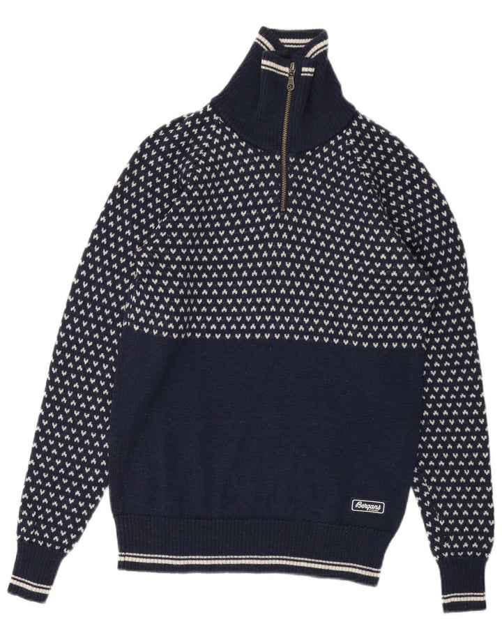 BERGANS Mens Zip Neck Jumper Sweater XS Navy Blue Geometric Wool