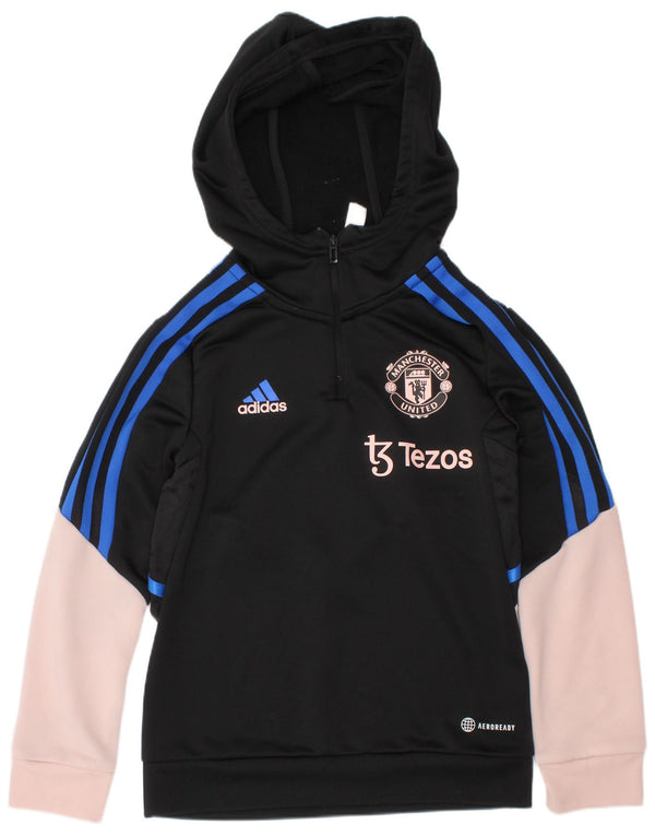 ADIDAS Girls Manchester United Hoodie Jumper 7-8 Years Black Colourblock
