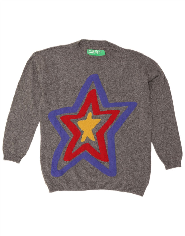 BENETTON Mens Graphic Crew Neck Jumper Sweater Medium Grey Floral