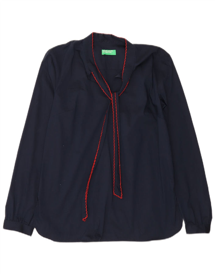 BENETTON Womens Front Tie Long Sleeve Blouse Top UK 10 Small Navy Blue