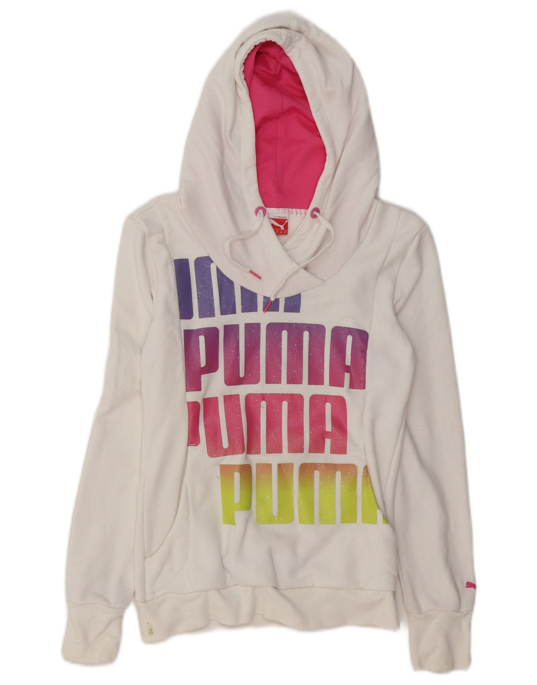 PUMA Womens Graphic Hoodie Jumper UK 8 Small White Cotton