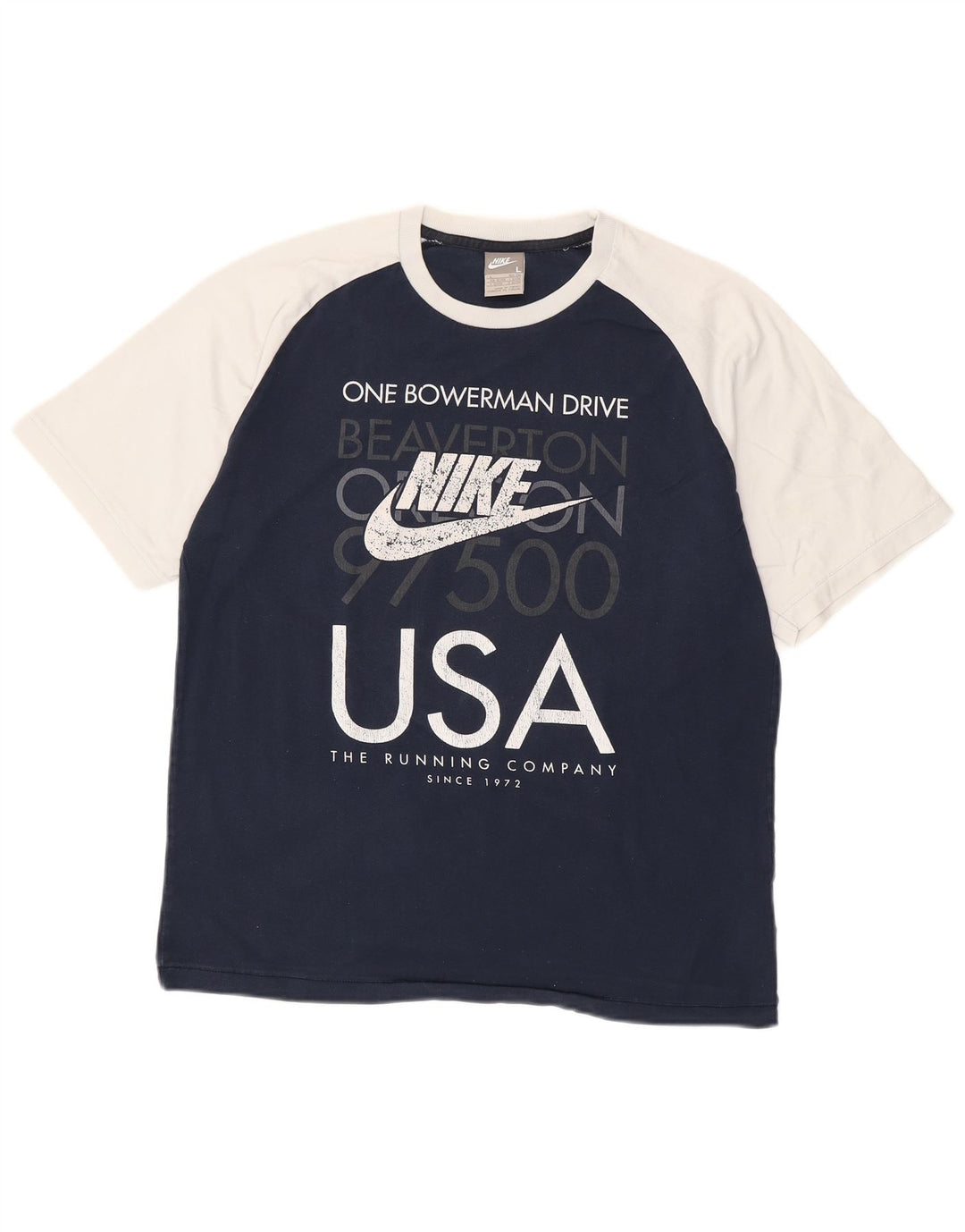 NIKE Mens Graphic T-Shirt Top Large Navy Blue Colourblock Cotton
