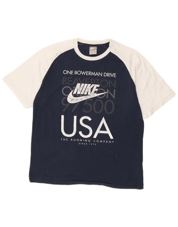 NIKE Mens Graphic T-Shirt Top Large Navy Blue Colourblock Cotton