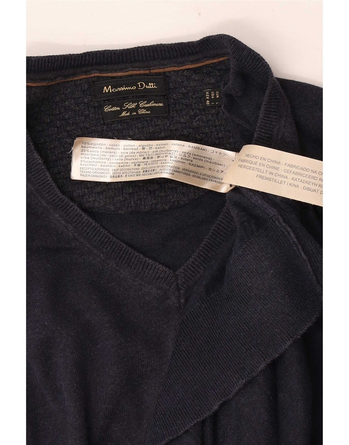 Massimo Dutti Mens V-Neck Jumper Sweater Large Navy Blue Cotton