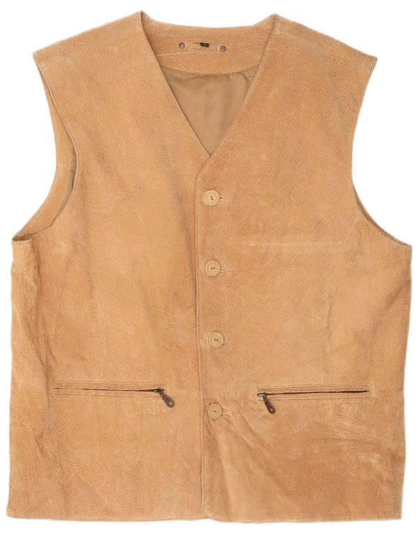 VINTAGE Mens Suede Gilet IT 56 3XL Beige Leather