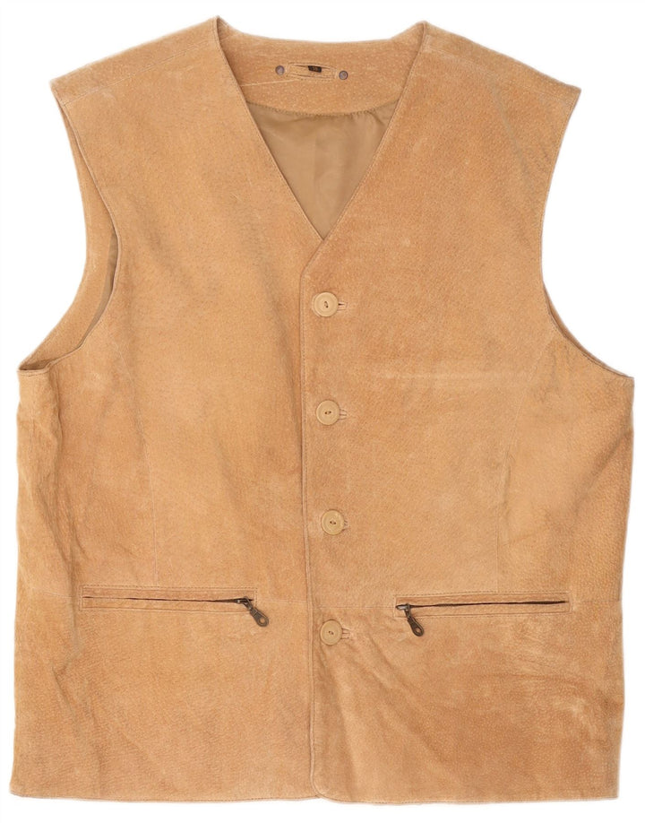 VINTAGE Mens Suede Gilet IT 56 3XL Beige Leather
