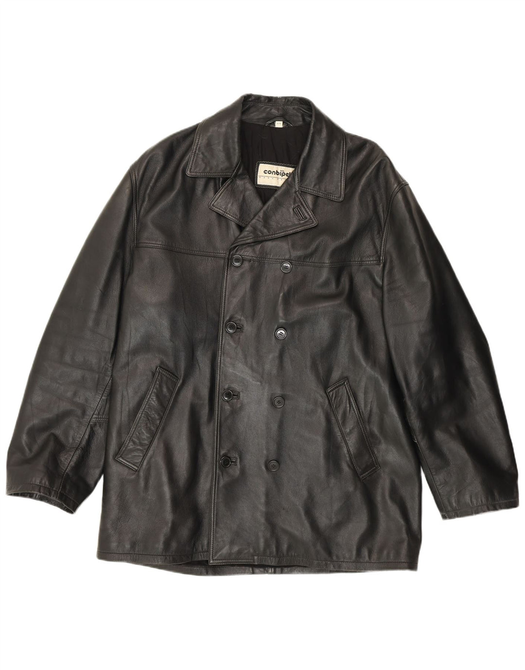 Conbipel Mens Double Breasted Leather Coat Size 52 Large Black Leather