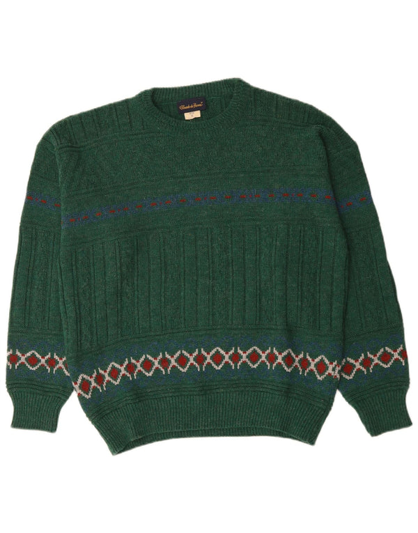 Vintage Mens Crew Neck Jumper Sweater Medium Green Fair Isle Wool