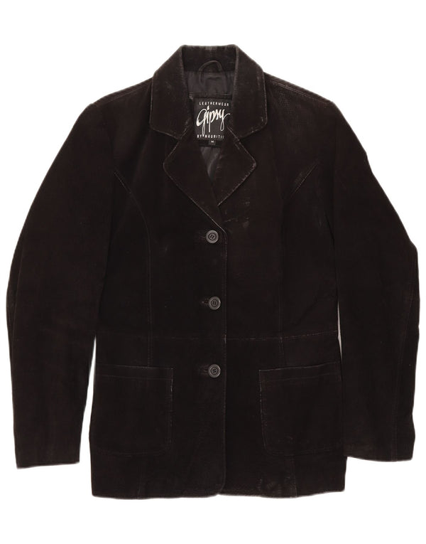 GYPSY Womens 3 Button Suede Blazer Jacket UK 14 Medium Black Leather