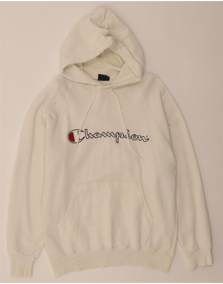 CHAMPION Mens Graphic Hoodie Jumper Medium White Cotton Vintage Champion and Second-Hand Champion from Messina Hembry 