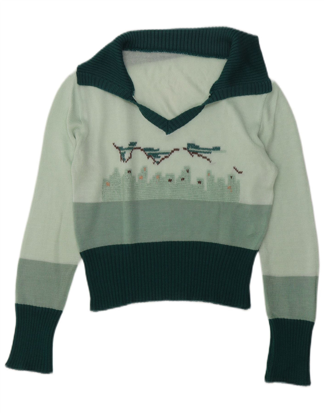 Vintage Womens Graphic Polo Neck Jumper Sweater UK 14 Medium Green