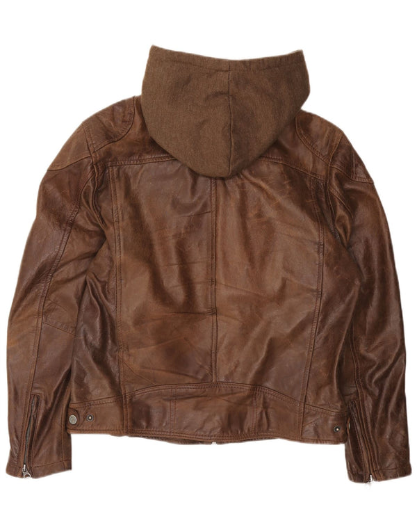 GIPSY Womens Oversized Hooded Leather Jacket UK 20 2XL Brown Leather