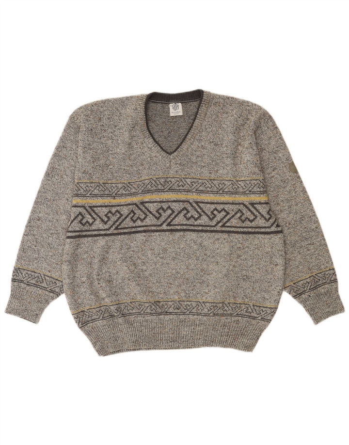 VINTAGE Mens V-Neck Jumper Sweater IT 52 Large Grey Geometric Wool